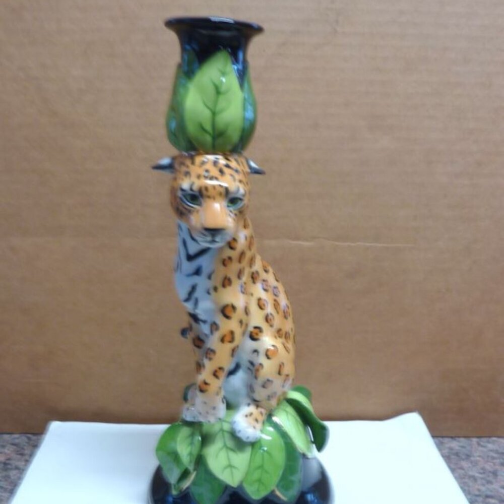 Lynn Chase JAGUAR JUNGLE Candlestick Candle Holder Vintage 1991 11.5” SIGNED